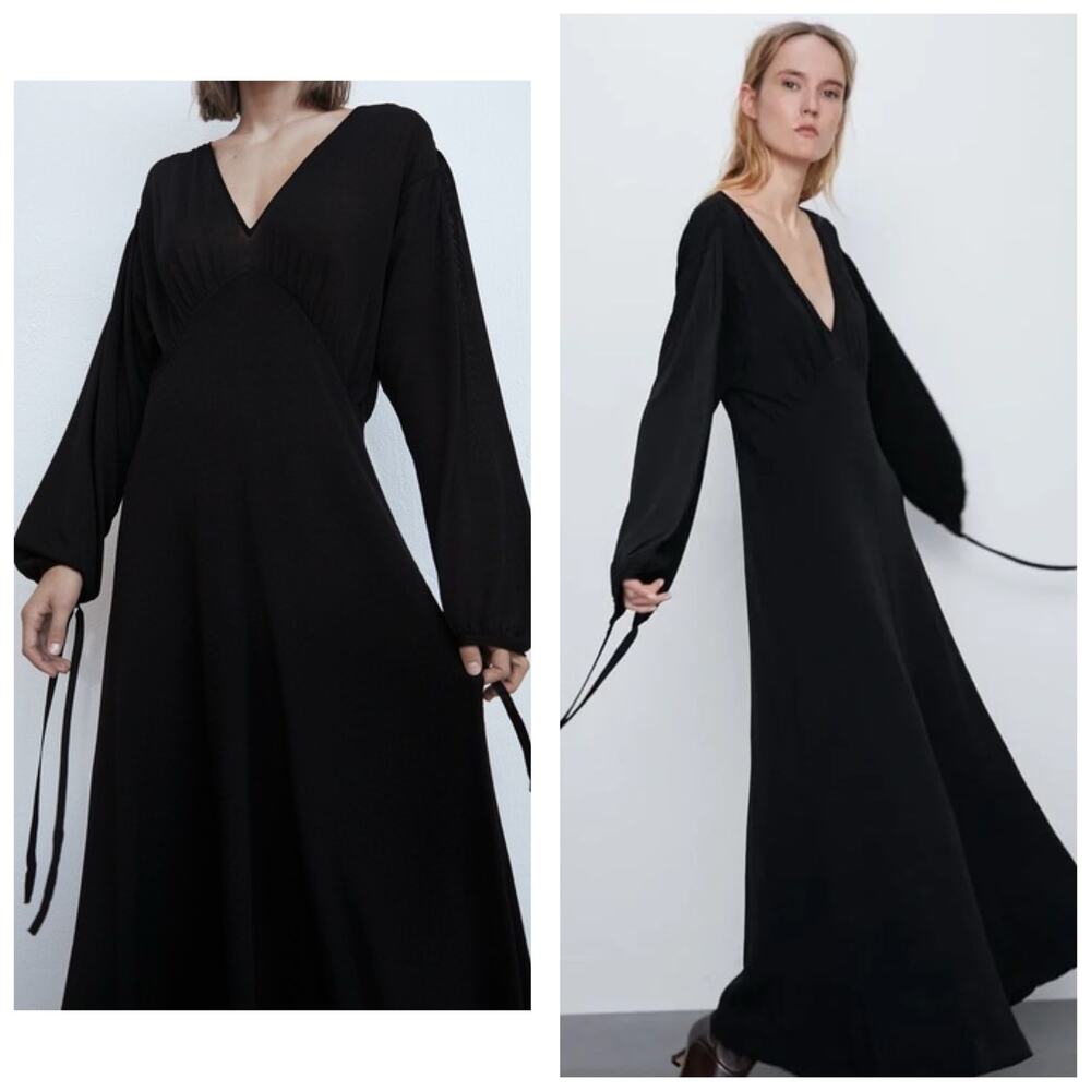 Zara Black Knit Tie Long Sleeve Maxi Dress Size Large Aline Minimalist 0014/007